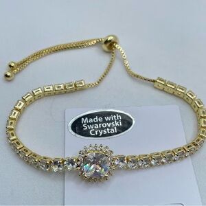 Swarovski Elements Diamond White Crystal Tennis Bracelet Gold Adjustable Halo